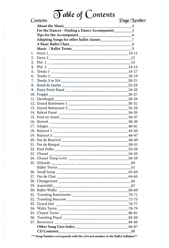Piano Music for Ballet Class Vol 2 - contents page